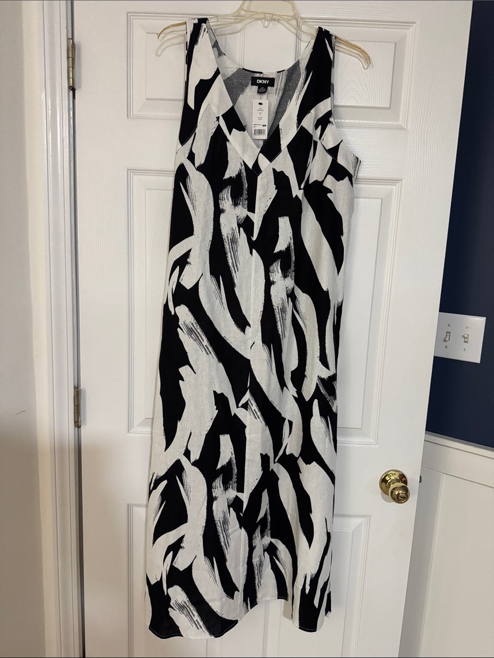 DKNY Black & White Brushstroke V-Neck Maxi Dress
